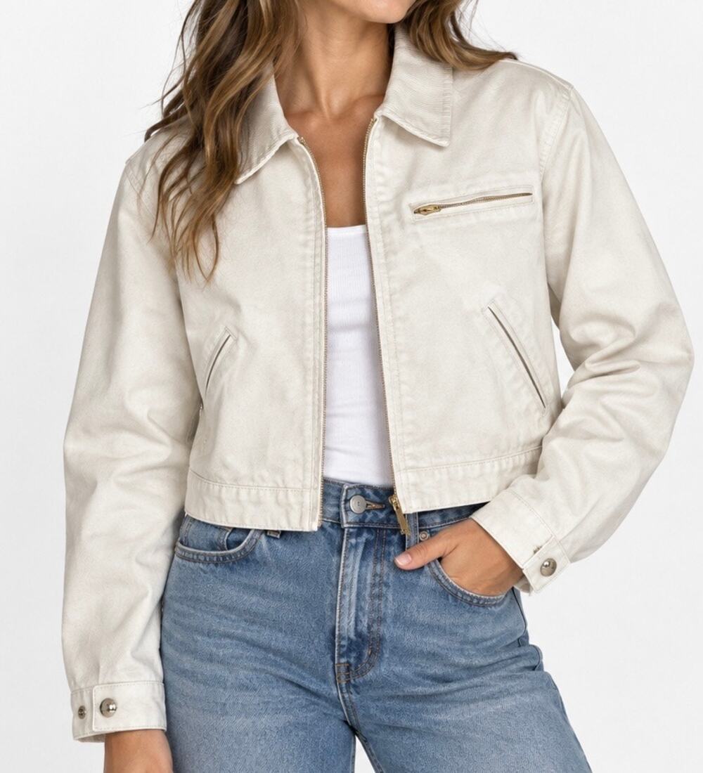 TNA Aritzia Cream Canvas Workwear Jacket with Corduroy Collar Size Medium